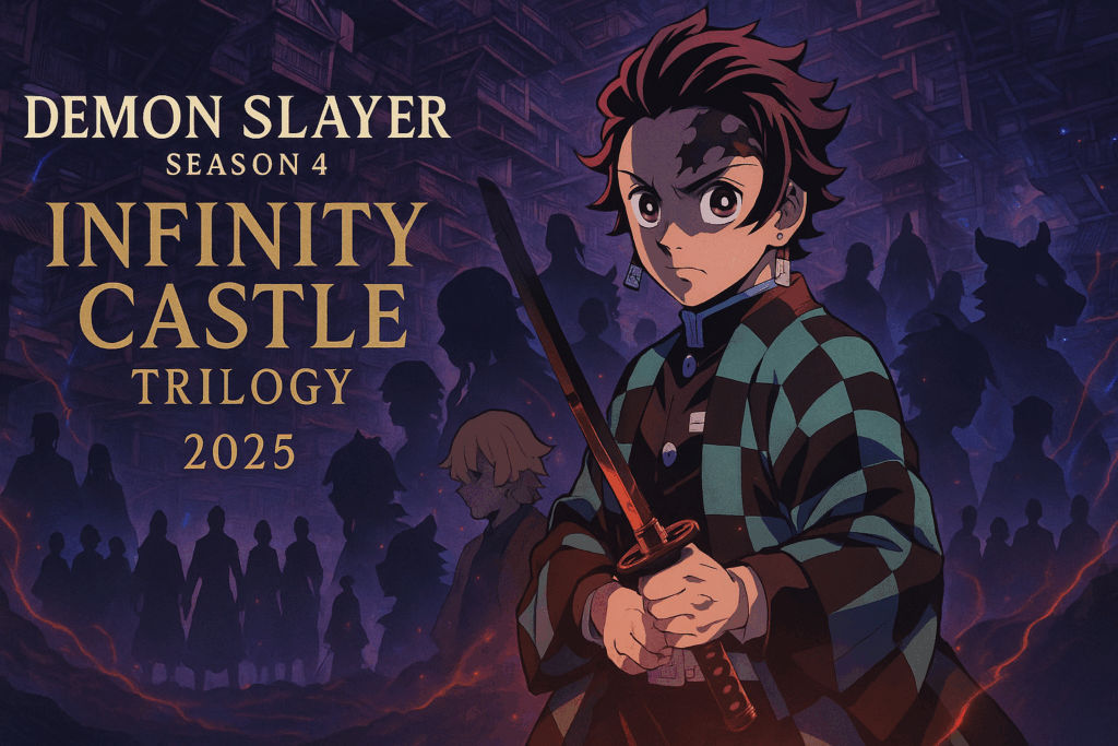 Demon Slayer Season 4 Infinity Castle movie trilogy poster featuring Tanjiro and the labyrinthine castle