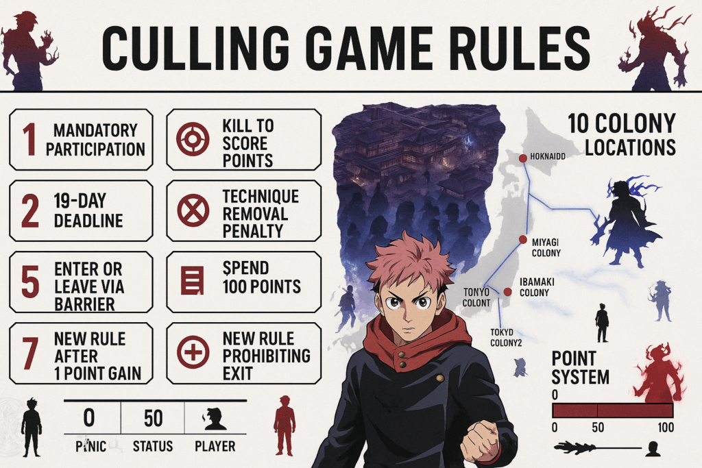 Infographic explaining the Culling Game rules and structure from Jujutsu Kaisen Season 3