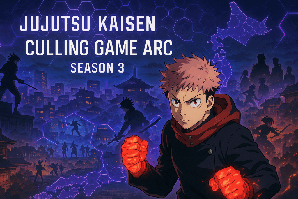 Jujutsu Kaisen Season 3 Culling Game Arc poster featuring Yuji and battle royale scenes