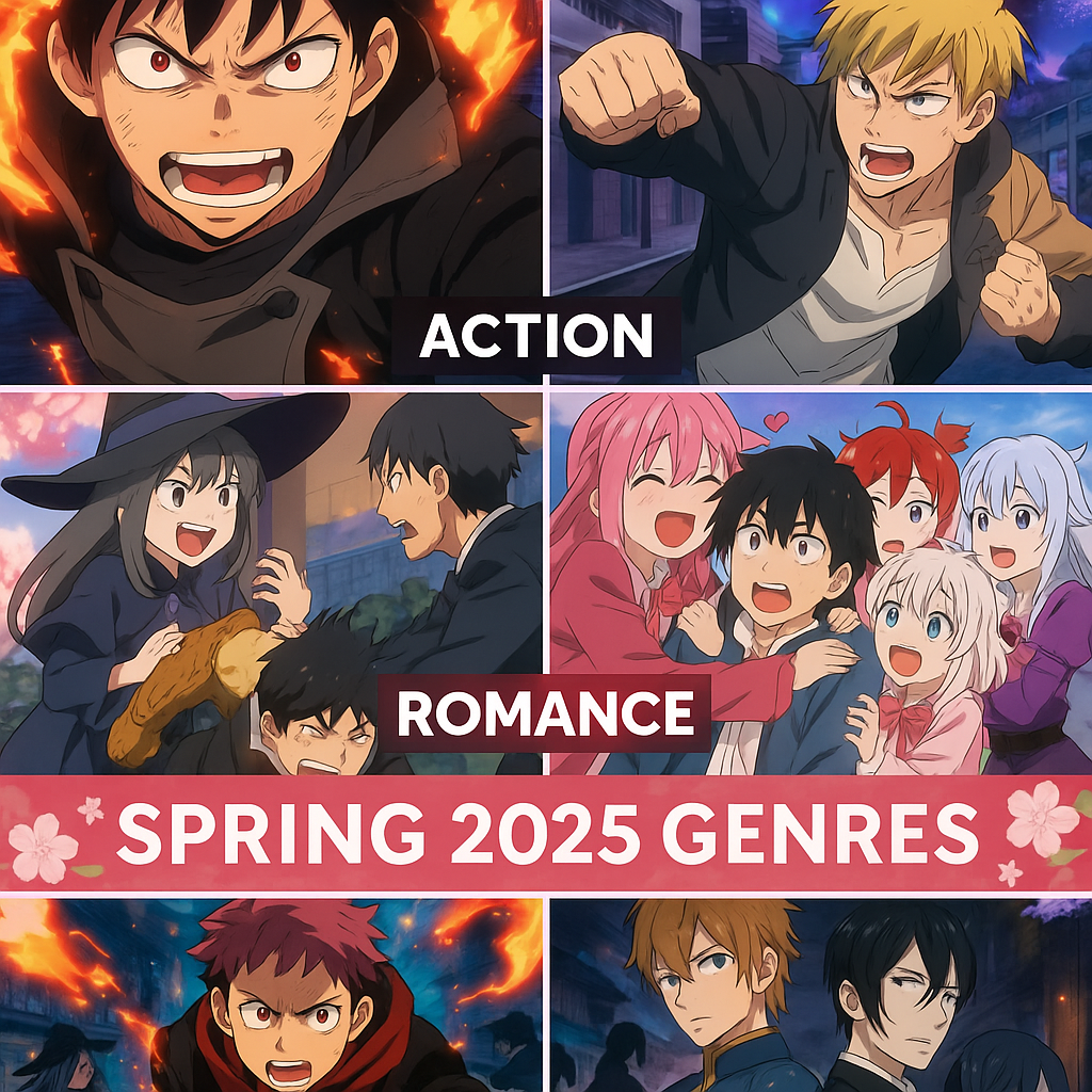 Spring 2025 anime genres breakdown showing action, romance, and fantasy series available