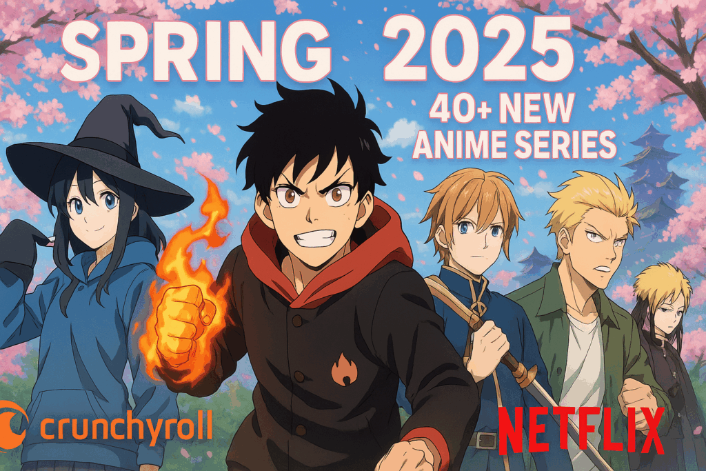 Spring 2025 anime season poster featuring top series Fire Force Season 3, WITCH WATCH, and The Beginning After the End
