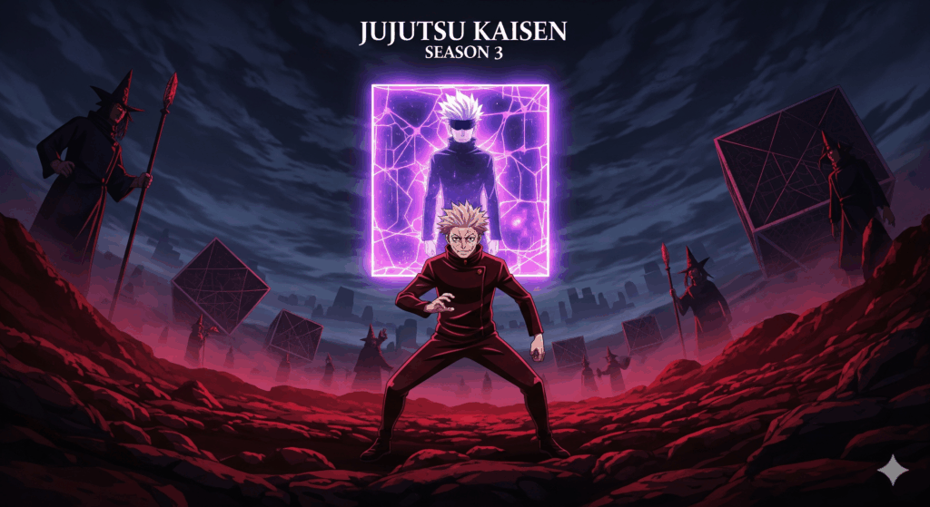 Jujutsu Kaisen Season 3 poster featuring Yuji Itadori and sealed Gojo Satoru with Culling Game arc background