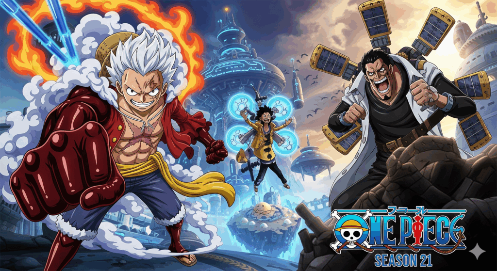 One Piece Season 21 Egghead Arc poster featuring Luffy Gear 5 and Dr. Vegapunk on futuristic island setting