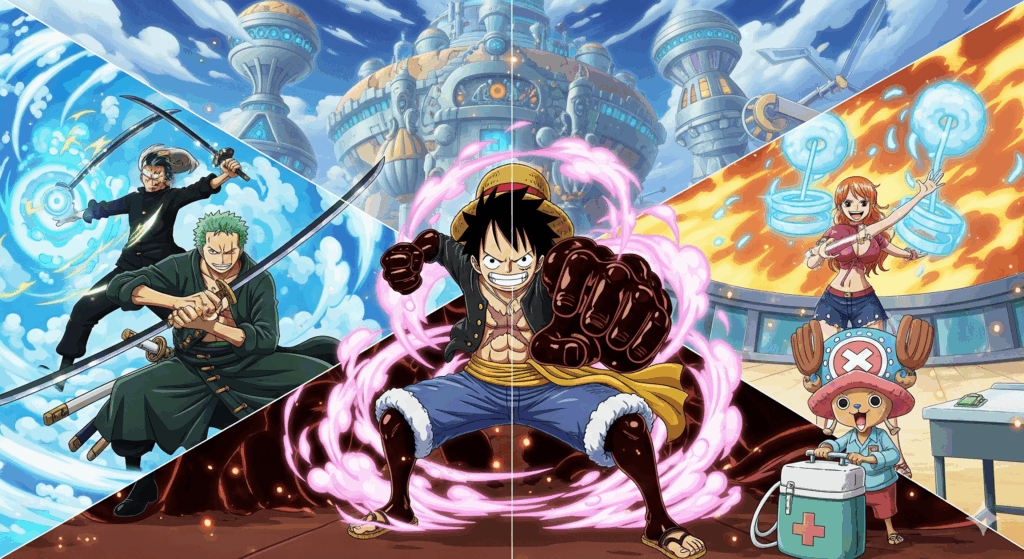 One Piece Season 21 Straw Hat crew character development showcase featuring Luffy Zoro Nami and Chopper in Egghead Arc