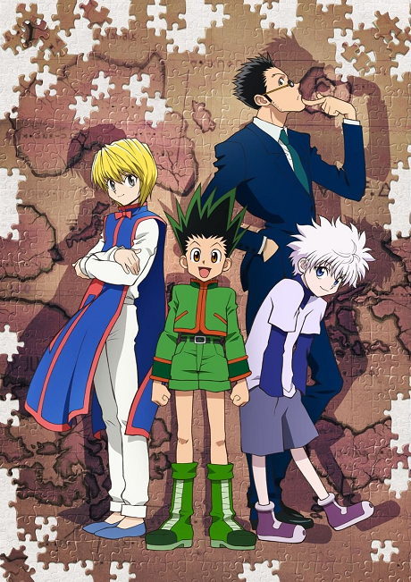 Official Hunter x Hunter 2026 anime key visual showing Gon, Killua, Kurapika, and Leorio in updated character designs against a dramatic background