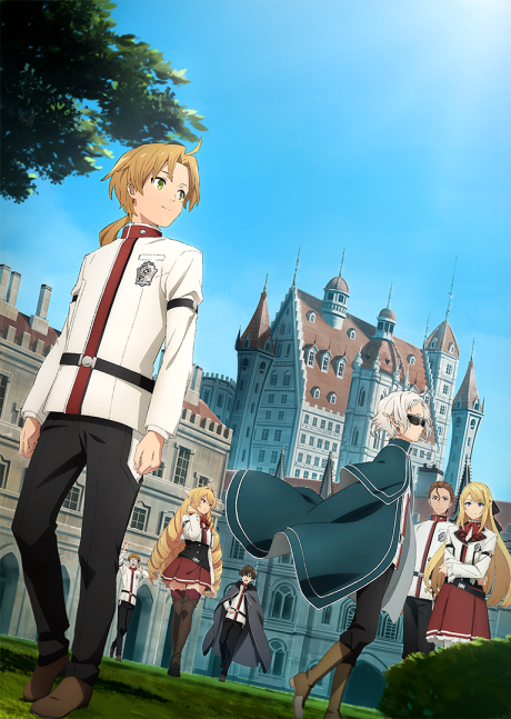 Key visual artwork for Mushoku Tensei Season 3 showing Rudeus Greyrat in his mature design with Sylphiette and Roxy standing behind him against a dramatic magical backdrop