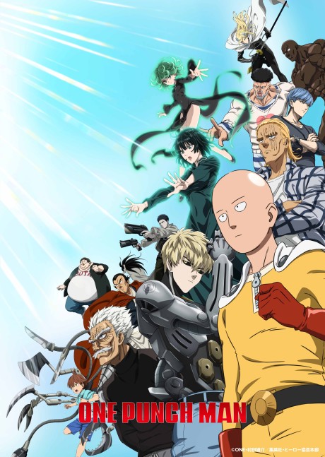 Saitama in his classic hero costume standing dramatically with the Hero Association headquarters visible in the background, cinematic wide shot anime style