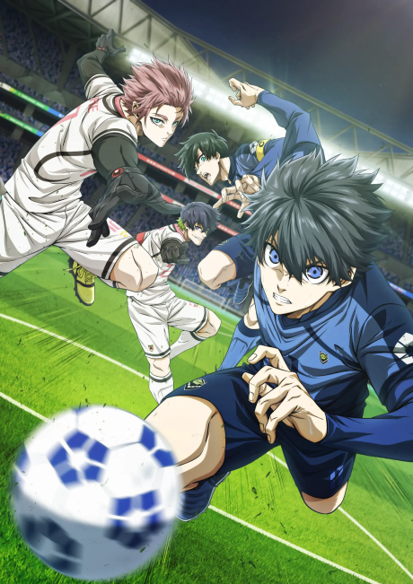 Key visual promotional art for Blue Lock Season 3 showing Isagi Yoichi in his Neo Egoist League uniform against a dramatic soccer ball background