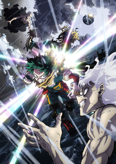 Official My Hero Academia Season 8 key visual poster featuring Deku in his final costume with All Might and the main cast behind him against a dramatic sky backdrop