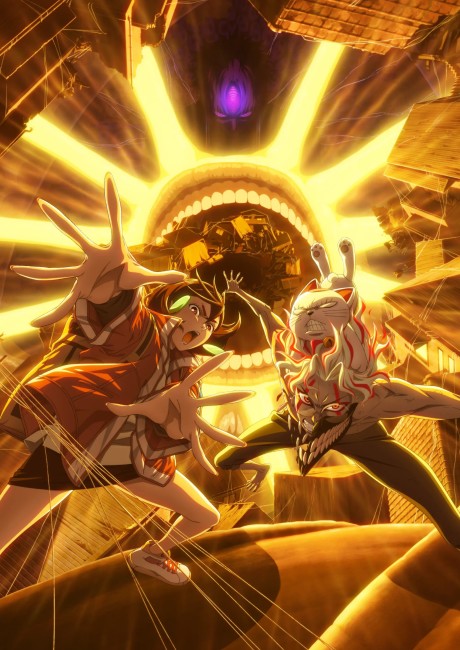 Momo Ayase in her powered-up spiritual form facing off against alien entities, dynamic action scene with vibrant color palette