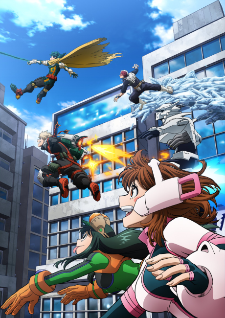 Behind-the-scenes style artwork showing Studio Bones animators working on My Hero Academia Season 8 key animation frames with storyboards visible