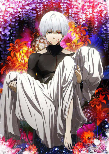 Official key visual for Tokyo Ghoul reboot 2026 showing Ken Kaneki in his iconic white-haired ghoul form with a dark red and black color palette, styled in modern anime art quality
