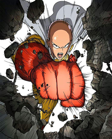 Garou the Hero Hunter in his martial arts stance surrounded by defeated A-Class heroes in a dark alleyway, dynamic anime action art style