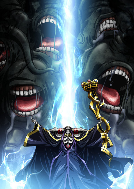 Momon the Dark Hero in full black armor standing alongside Nabe in an adventurers' guild setting, contrasting dramatically with the dark magical atmosphere around them
