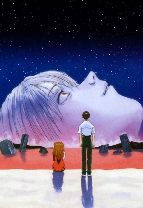 Official promotional art for the Neon Genesis Evangelion 2026 remaster showing Eva Unit-01 in a cinematic widescreen format with updated 4K visuals against the iconic purple sky background
