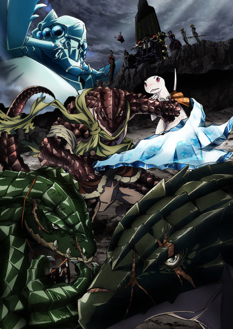 Ainz Ooal Gown in full regalia standing before the Great Tomb of Nazarick with the NPC Floor Guardians assembled behind him in dramatic promotional art for Overlord Season 5