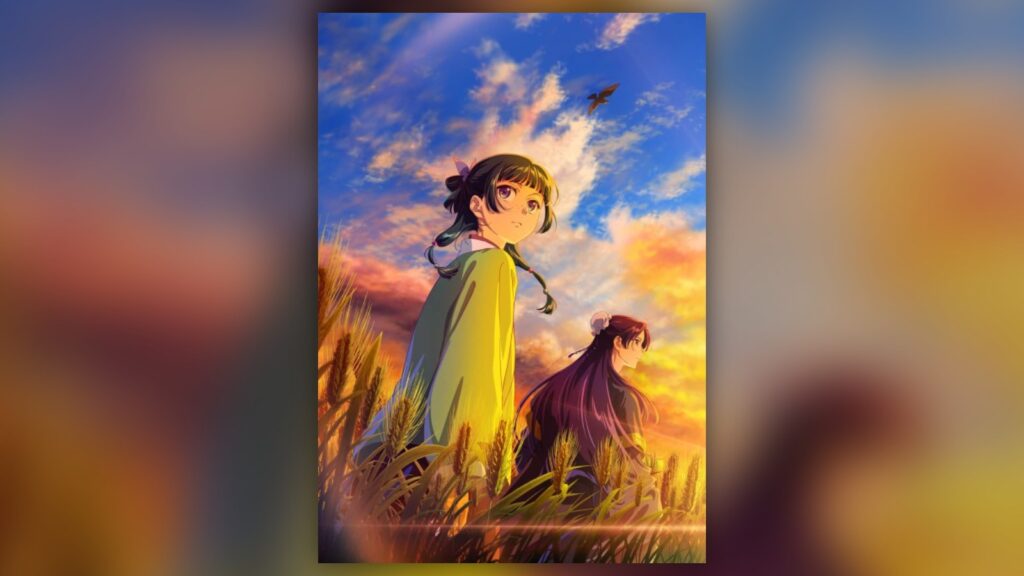 The Apothecary Diaries Season 3 key visual showing Maomao and Jinshi in a wheat field at sunset