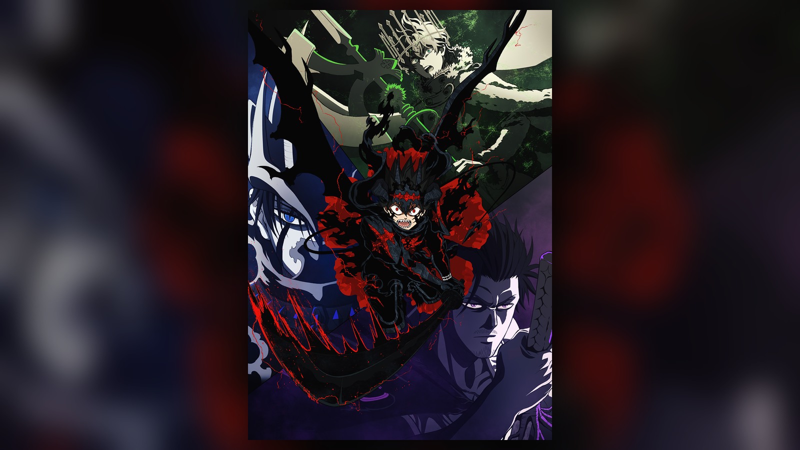 Black Clover 2nd Season key visual with Asta in devil form flanked by the Dark Triad