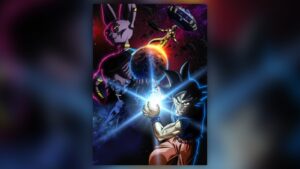 Dragon Ball Super: Beerus key visual with Beerus looming over Earth and Goku charging an attack