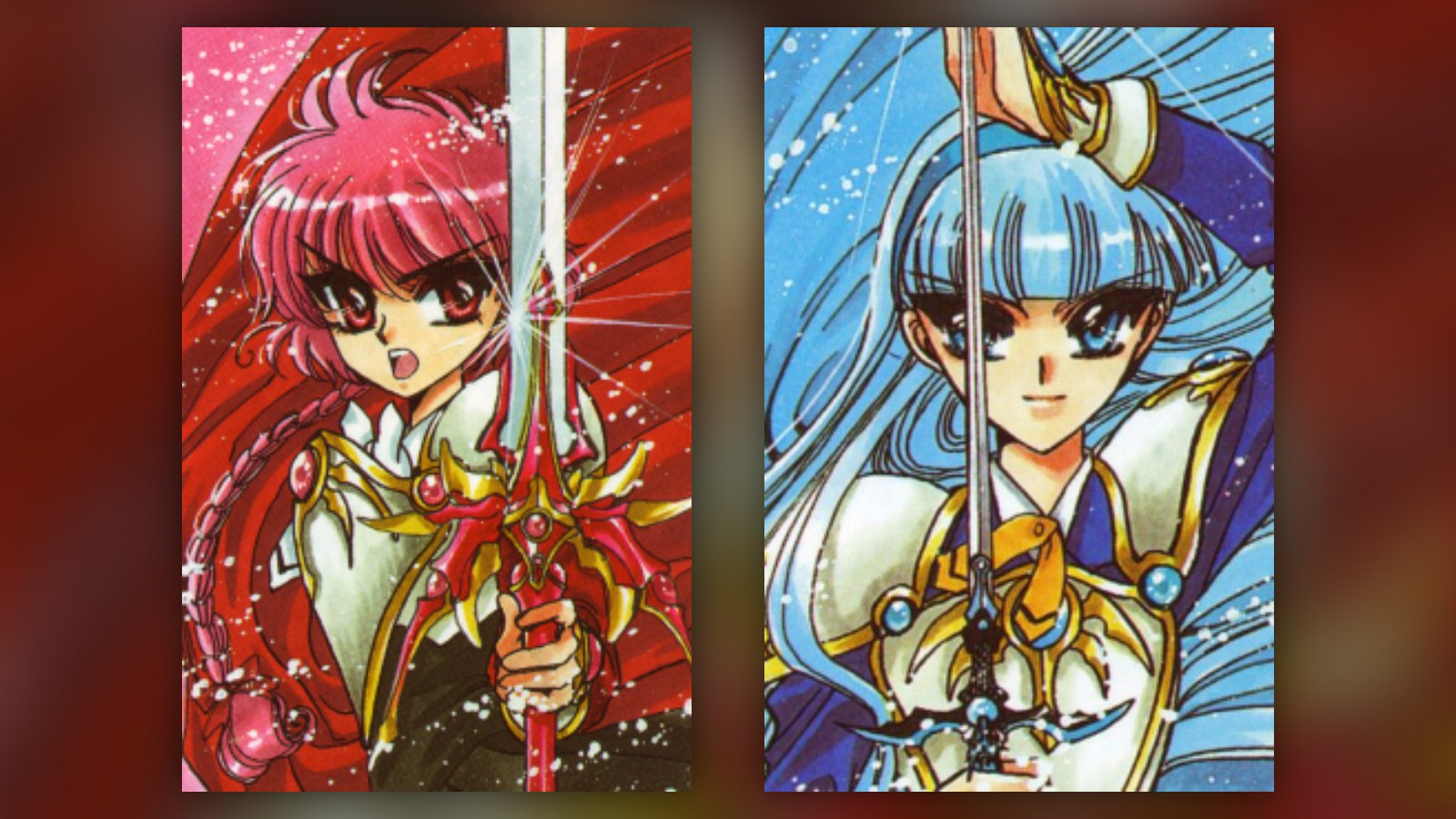Character art of Hikaru Shidou and Umi Ryuuzaki from Magic Knight Rayearth