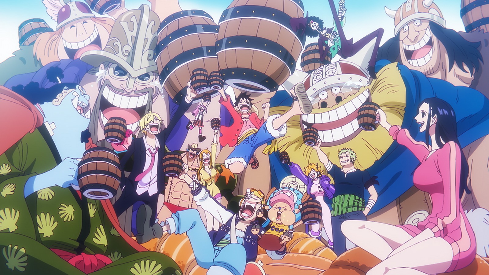 The Straw Hat crew celebrating in the Egghead arc finale, episode 1155