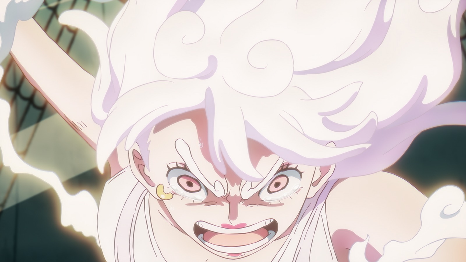 Luffy in Gear 5 mid fight during the Egghead arc