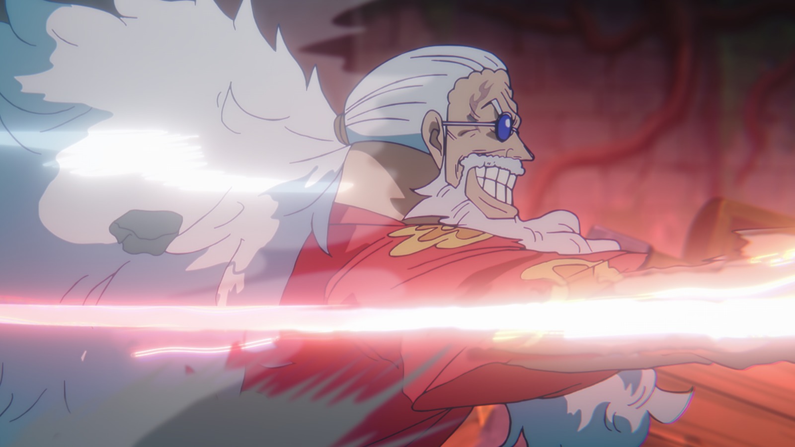 An attack lighting up the sky in the One Piece anime Elbaph arc
