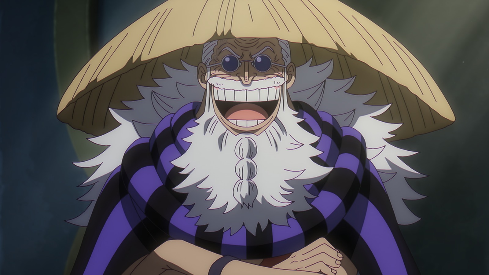 An Elbaph elder in a wide straw hat in the One Piece anime