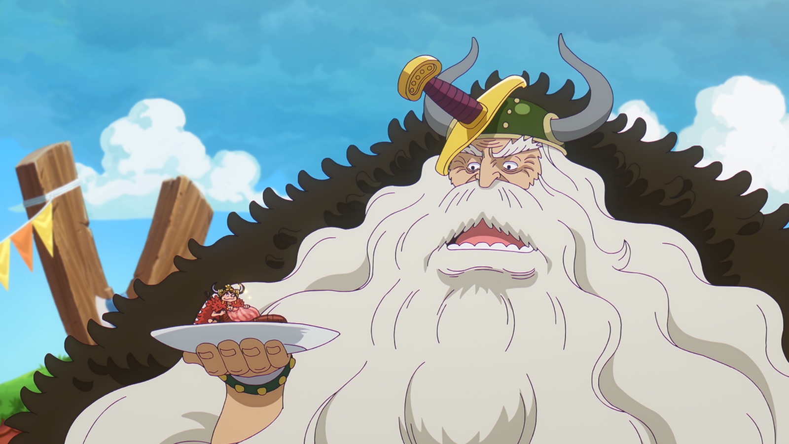 A giant of Elbaph holding a tiny figure on a plate in the One Piece anime