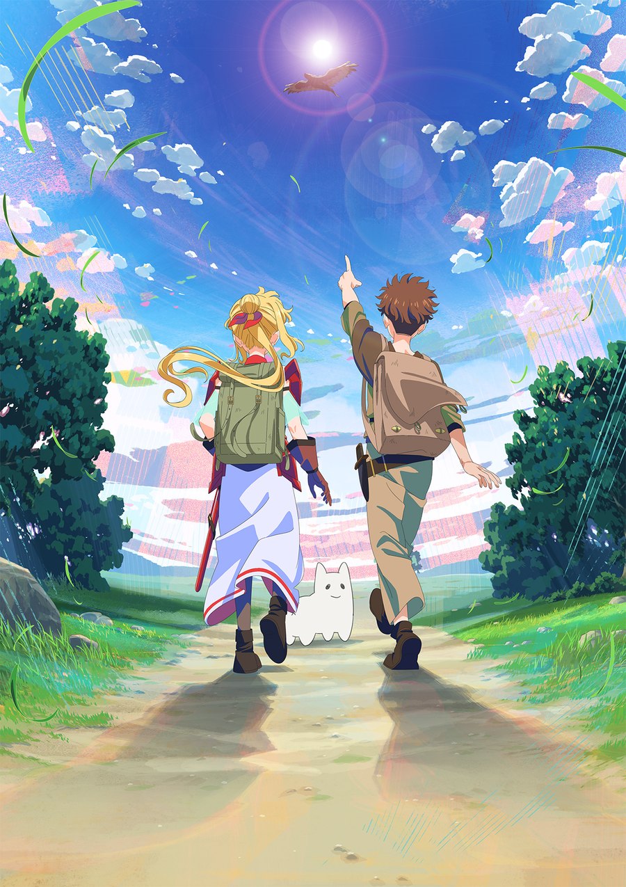 Two characters walking a road beneath a bright sky