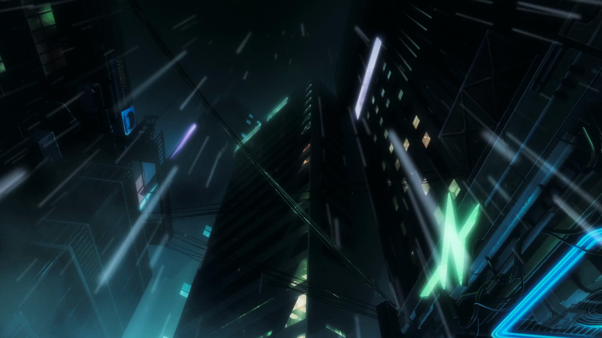 Night City skyline in the rain in official Cyberpunk Edgerunners 2 art