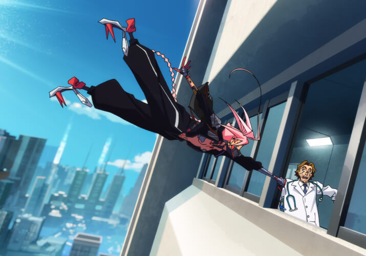 A chrome heavy figure leaping at a corpo worker in a Cyberpunk Edgerunners 2 still