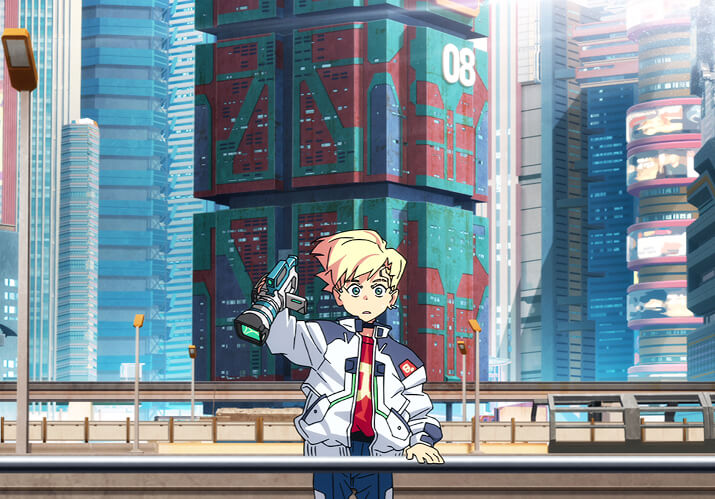 A young character filming on a Night City walkway in a Cyberpunk Edgerunners 2 still