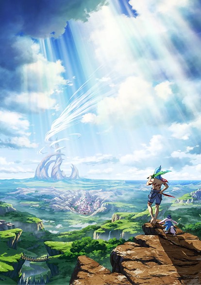 Shangri-La Frontier archive visual of Sunraku overlooking the game world