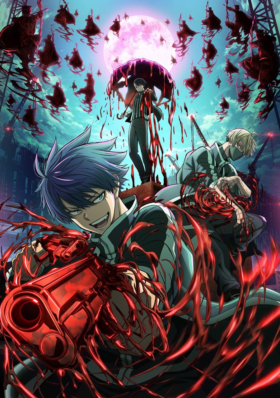 Tougen Anki battle visual with red and blue blood motifs